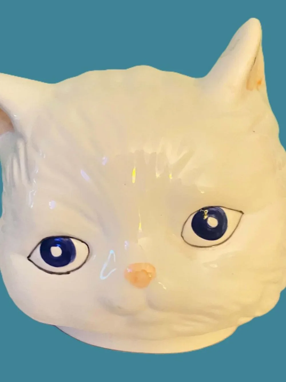 Vintage Ceramic White Cat Cookie Jar & Salt Pepper Shakers Blue Bow 3 Pc Set